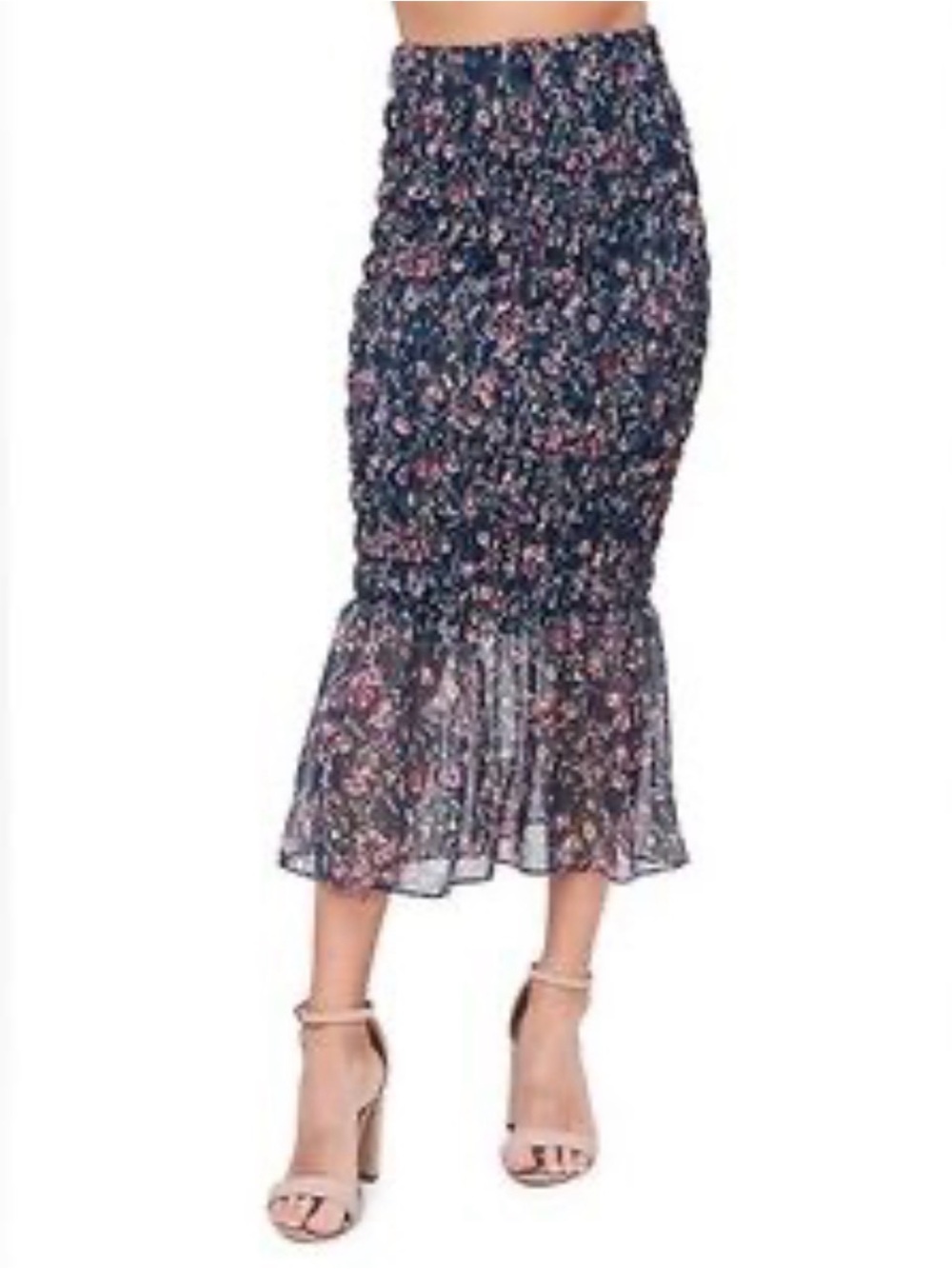 En Saison Navy Floral Smocked Midi Skirt with Sheer Ruffle